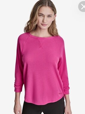 DKNY Sport Pink Slub Waffle Knit Ruched Sleeve High Low Top XL
